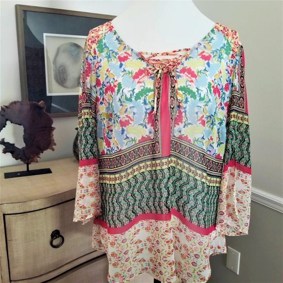 New Directions Brand Top Blouse Boho Multi-Color Floral Print Size 0X - Picture 4 of 11